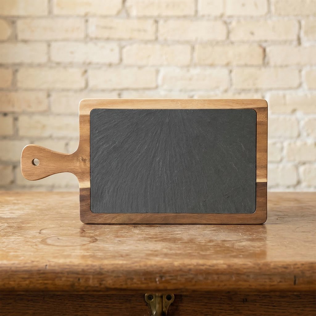 Simple Varsity - Custom City/State/Est. Slate & Acacia Serving Board