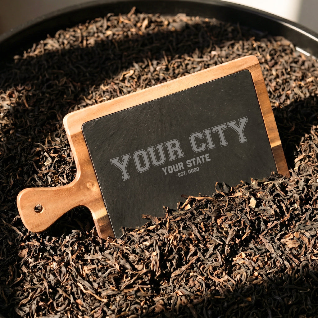 Simple Varsity - Custom City/State/Est. Slate & Acacia Serving Board