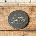 Historic Neighborhood - Custom City/State/Est. 4" Round Engraved Slate Coaster