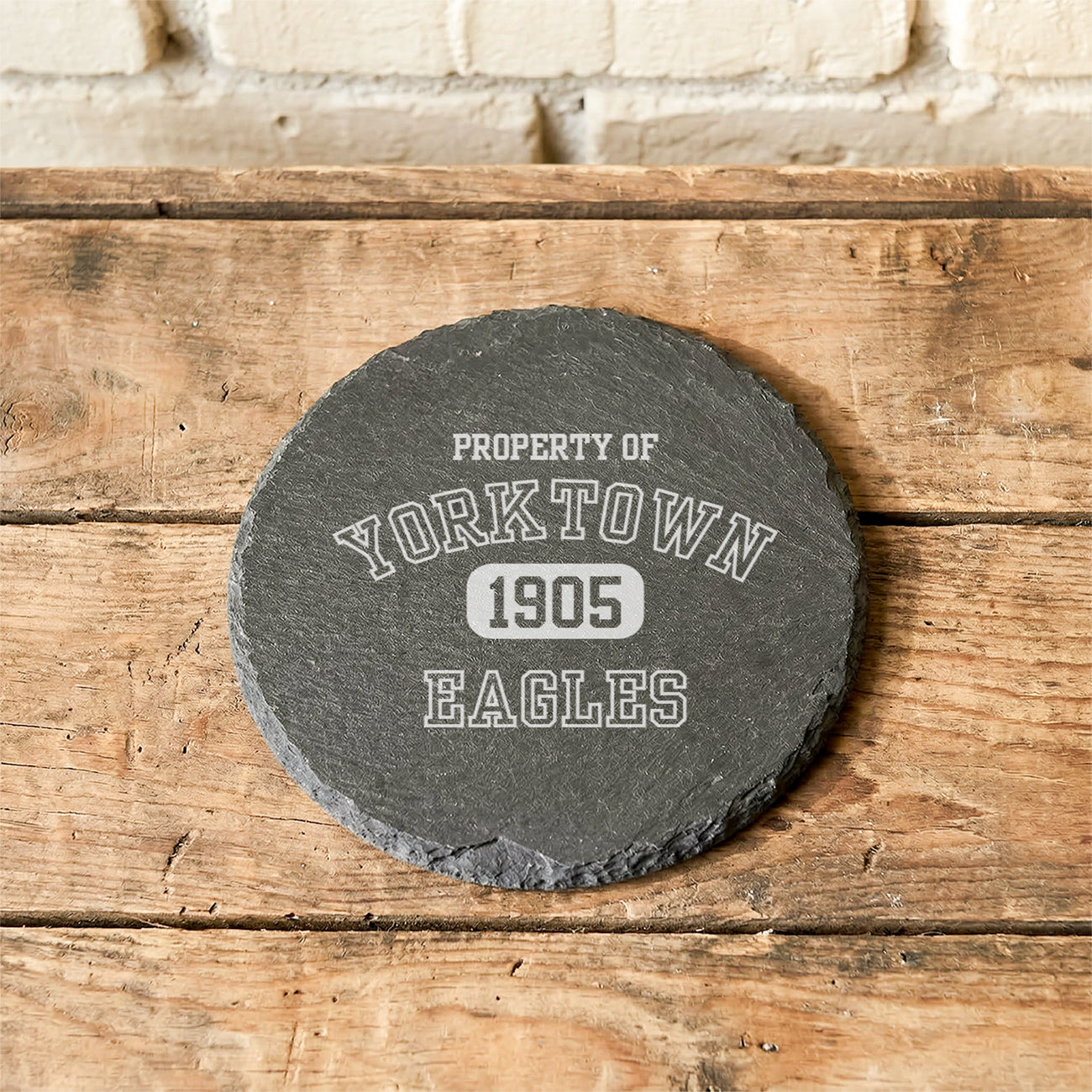 Vintage Varsity, Property Of - Custom City/State/Est. 4" Round Engraved Slate Coaster