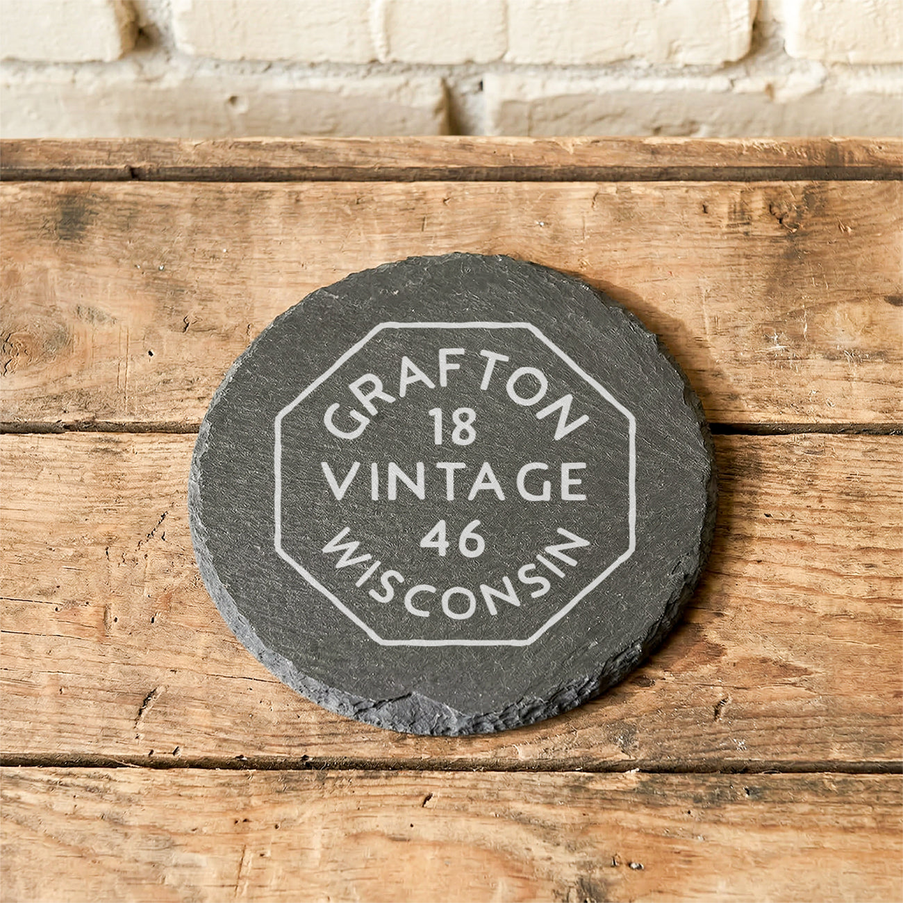 Vintage Octagon Stamp - Custom City/State/Est. 4" Round Engraved Slate Coaster