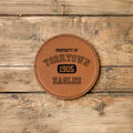 Vintage Varsity, Property Of - Custom City/State/Est. 4" Round Engraved Leatherette Coaster