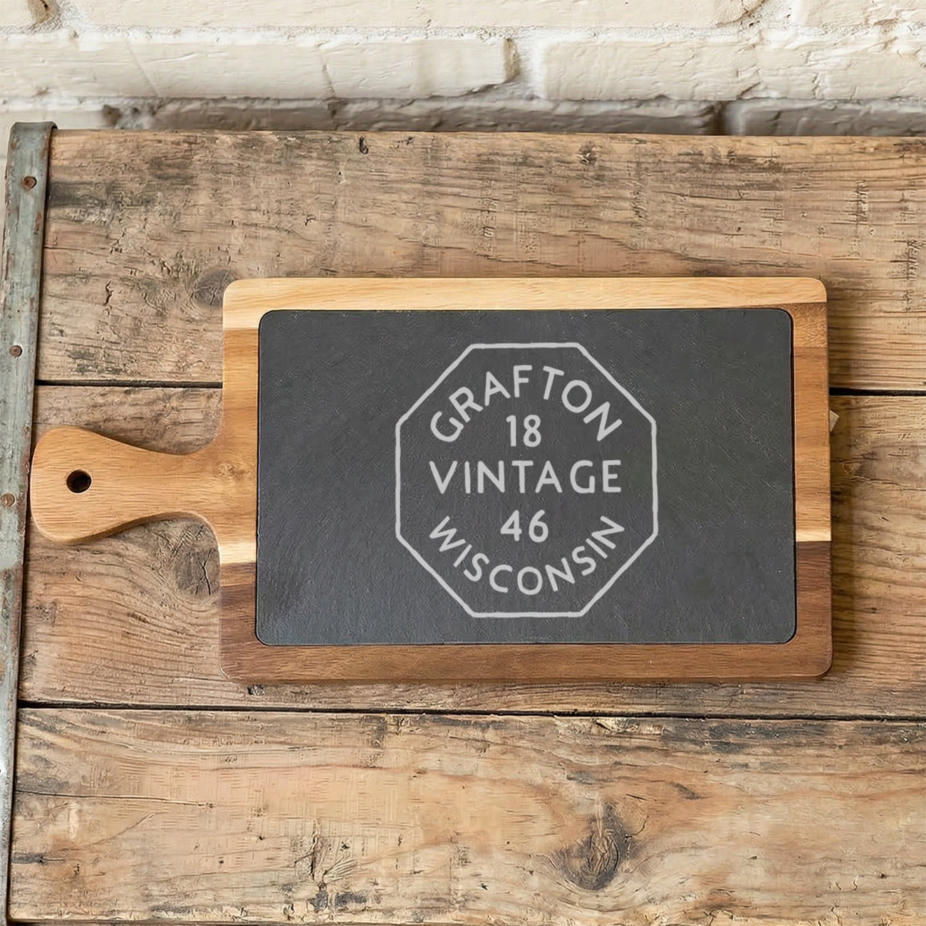 Vintage Octagon Stamp - Custom City/State/Est. Slate & Acacia Serving Board