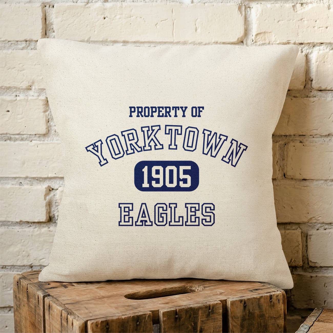 Vintage Varsity, Property Of - Custom City/State/Est. Square Canvas Throw Pillow